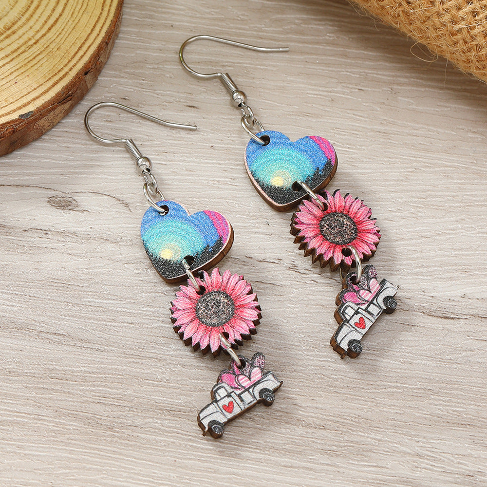 Wholesale Valentine's Day Truck Love Pendant Wooden Earrings